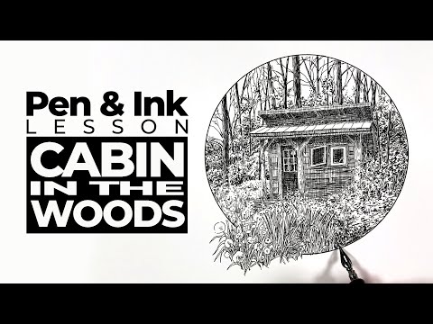 Landscape Drawing with Pen and Ink  Cabin