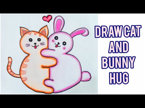 Drawing Cute Cat and Bunny Hug draw drawing art