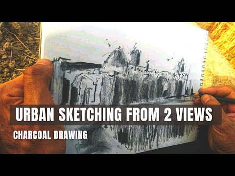How to charcoal sketch a building from 2 different views