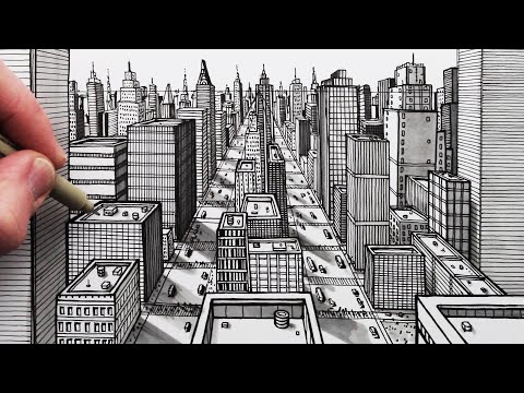 How to Draw a City using 1Point Perspective Pen Drawing