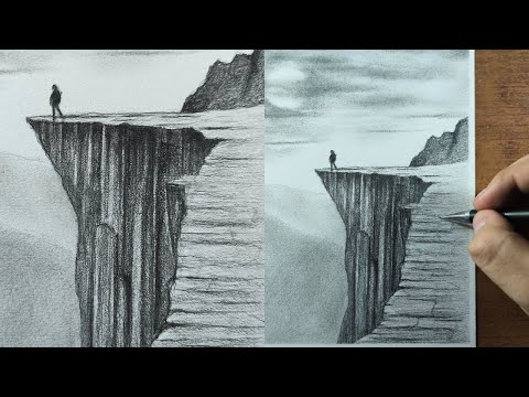 How to Draw CLIFFS with Pencil Step by Step Landscape Drawing