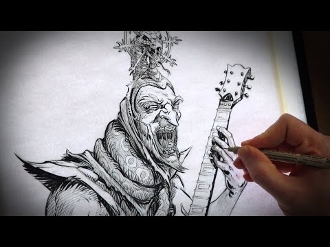 Viking Gods of Metal  Loki lead guitar  Ink Drawing by Sam Flegal