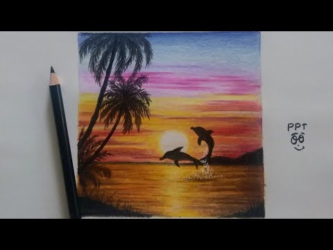 How to Draw Sunset Scenery of Beach with colored pencils step by step drawing