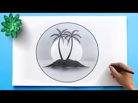 Sunset Scenery Pencil Sketch Drawing in a Circle 