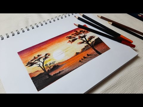 How to draw sunset with coloured pencils  time lapse video