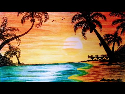 How to draw sunset beach landscape drawing with color pencils
