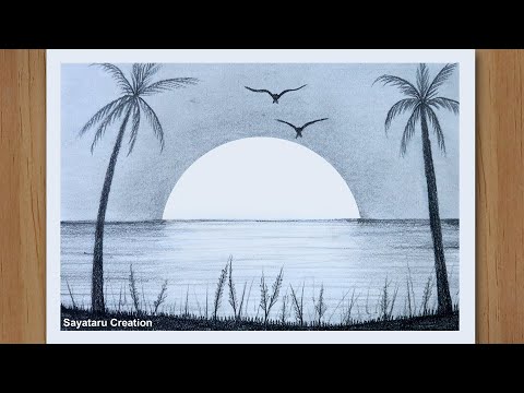 How to draw Sunrise Step by step  Pencil Sketch for Beginners  Sunset Drawing