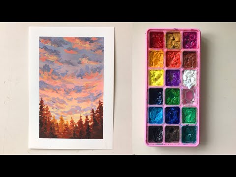 glowing sunset gouache painting tutorial  recreating my mini painting 