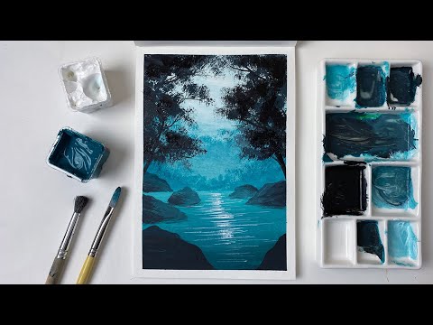 gouache painting for beginners  In the woods  how to paint gouache landscape for beginners