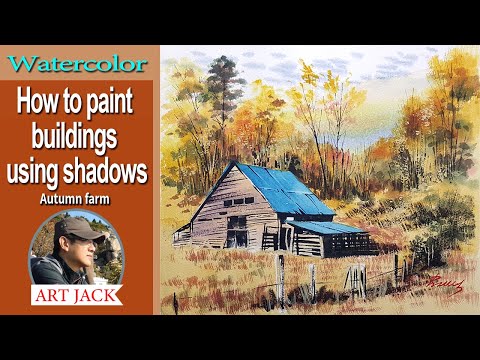 Watercolor  How to paint buildings using shadows  Autumn farm  Easy tutorial ART JACK