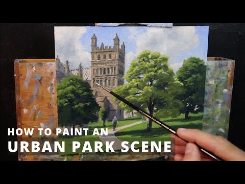 How to Paint an URBAN PARK SCENE Tips For Painting Buildings and Trees