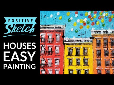 Acrylic painting tutorial Easy acrylic painting Cityscape Houses Painting for beginners