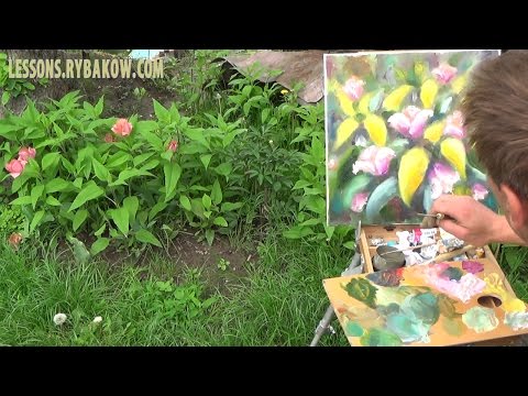 How to oil paint flowers in open air  Full flower oil painting lessons