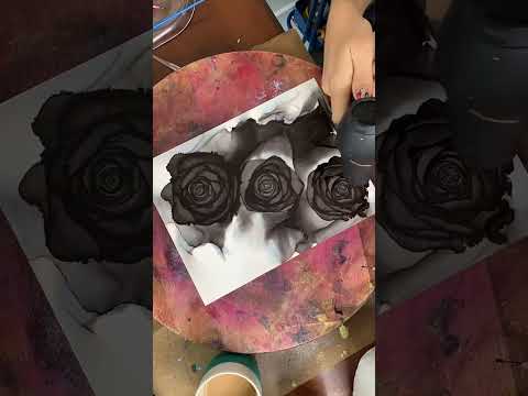 Realistic Black Alcohol Ink Roses advanced fluid art technique on yupo paper
