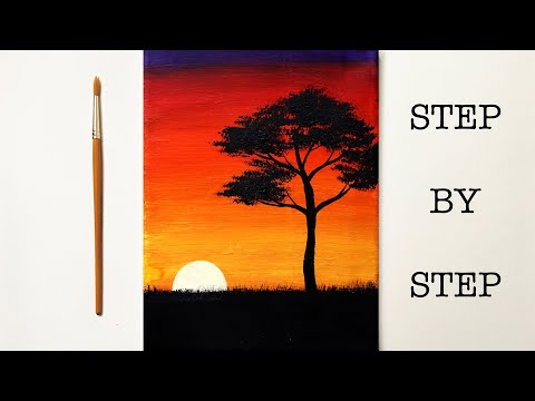 Easy Sunset for Beginners  Acrylic Painting Tutorial Step by Step  ENG SUB 