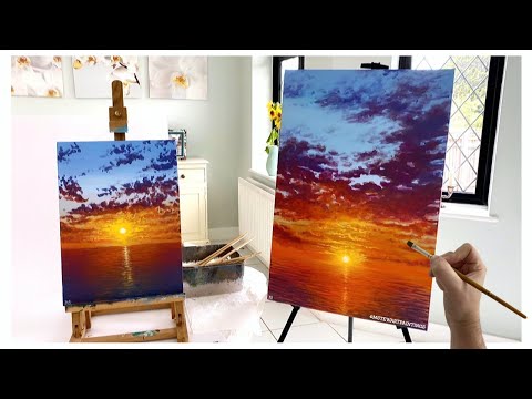 How to paint a Sunset over the ocean for beginnersmedium  Acrylic painting tutorial ocean sunset