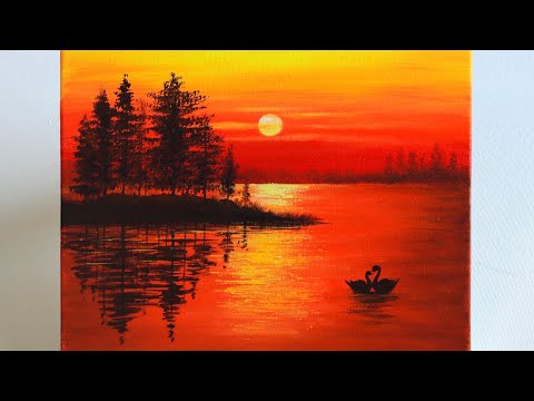 Sunset Painting  Sunset Painting for Beginners  Sunset on the Lake Acrylic Painting
