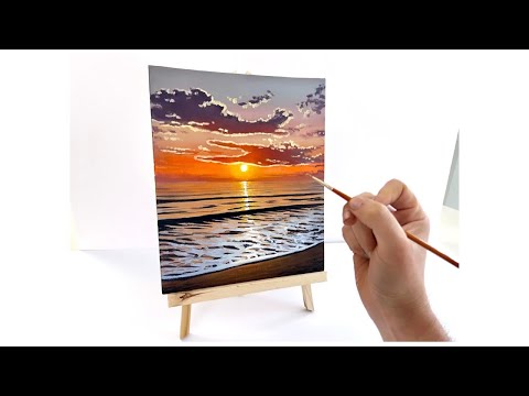 How to paint a Sunset over the ocean  Ocean Sunset Oil painting tutorial Oil Painting Sunset Beach