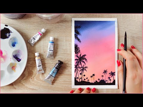 Watercolor Painting Ideas for Beginners  How to Paint a Cotton Candy Sunset with Palm Trees