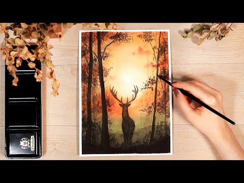 Easy Fall Forest Sunset Watercolor Tutorial  Beginner Friendly