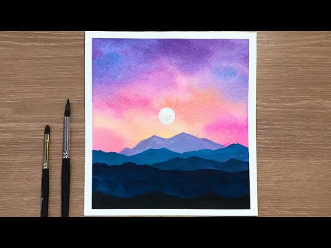 Glowy Sky amp Mountains  Easy Watercolor Sunset Tutorial for Beginners Step By Step