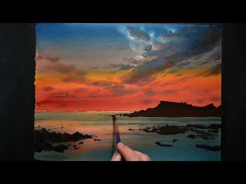 How to paint sunset in watercolor painting