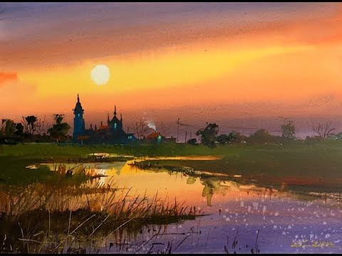 How to Paint Sunset in Watercolor painting tutorial