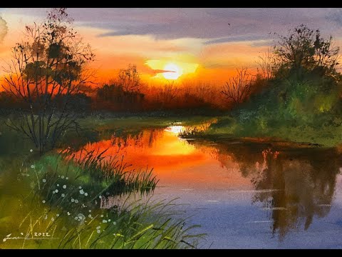 How to paint sunset in watercolor painting