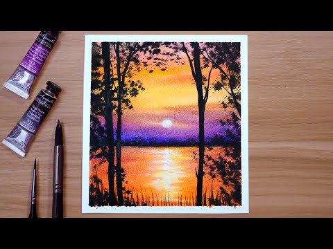 How to Paint a Sunset Scenery  Watercolor Painting