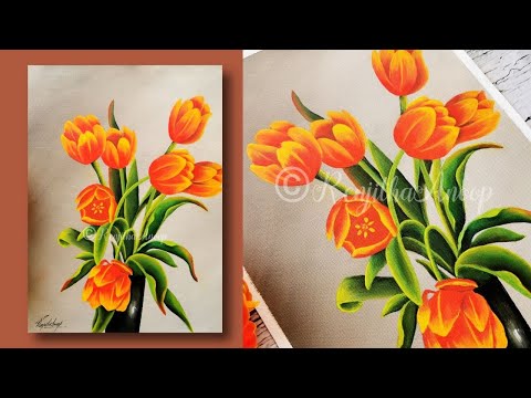 acrylic painting beautiful and easy TULIPS flower painting on canvas  Flower vase painting