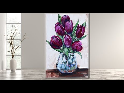 Still Life Tulips  EASY Acrylic Painting for Beginners MariArtHome
