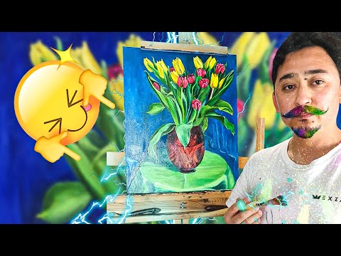 OIL PAINTING TULIP IN A RED GLASS VASE  TimeLapse  Floral Oil Painting   Realism Art 