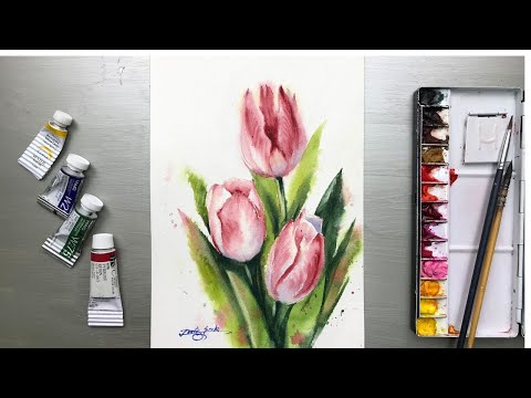 Watercolor Painting Redish Tulips Tutorial Step by Step
