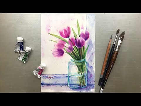 Watercolor Painting  Purple Tulips