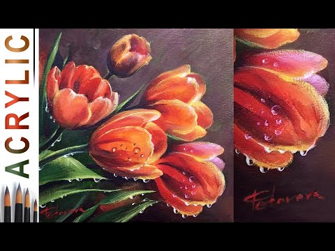 Tulips and Waterdrops How to paint fowers ACRYLIC tutorial DEMO