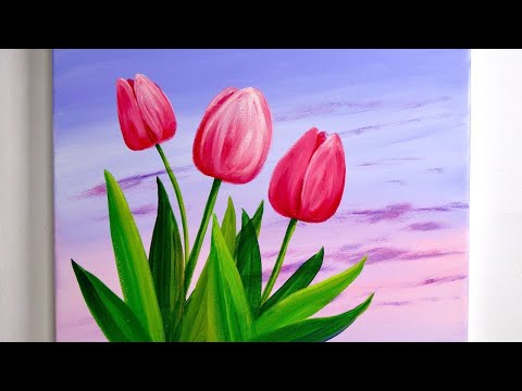 Easiest Way to Draw Tulip Flower  Acrylic Painting for beginner