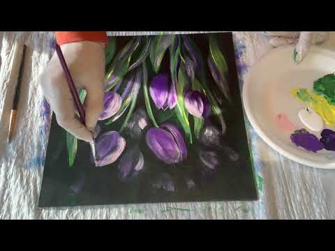How to Paint Tulips in Acrylic Paints Demonstration Tutorial Fun and Easy Painting Purple Tulips