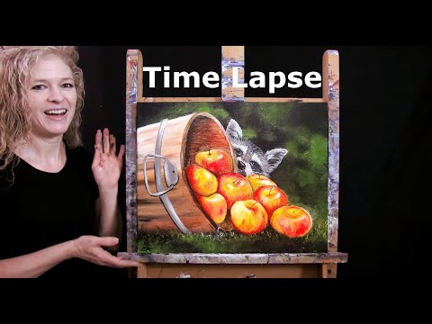 TIME LAPSE  Learn How to Paint quotRACOON AND APPLE BARRELquot with Acrylic  Step by Step Harvest Scene