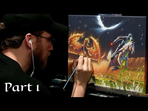 Acrylic Painting of a Dragon and Fantasy Landscape  Timelapse Part 1  Artist Timothy Stanford