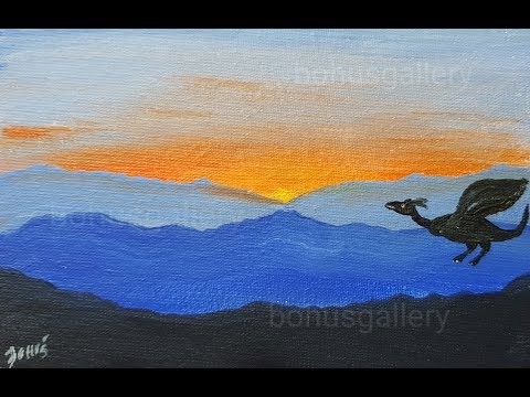 Sunset painting with dragon and hills silhouette  EASY and SPEED painting  acrylic painting