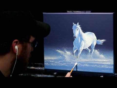 Acrylic Wildlife Painting of a White Horse in Snow  Time Lapse  Artist Timothy Stanford