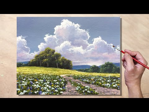 Acrylic Painting Sunlit Meadow Landscape