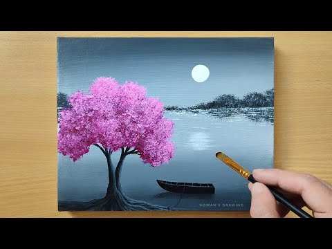 Black amp White Landscape Painting for Beginners  Cherry Blossom  Acrylic Painting Technique