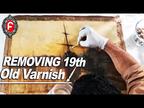 Restoration removing and cleaning old varnish from antique painting By Art Conservation art