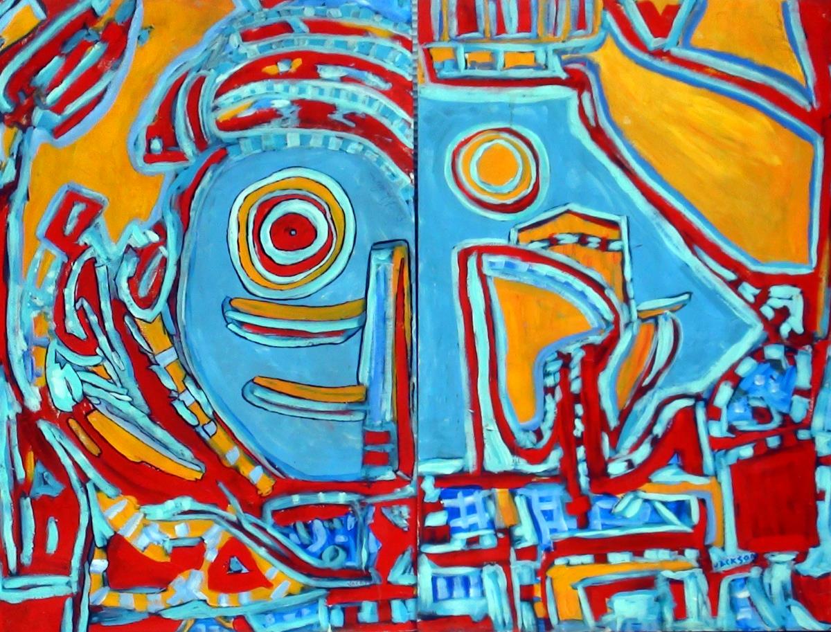 diptych in red yellow and blue